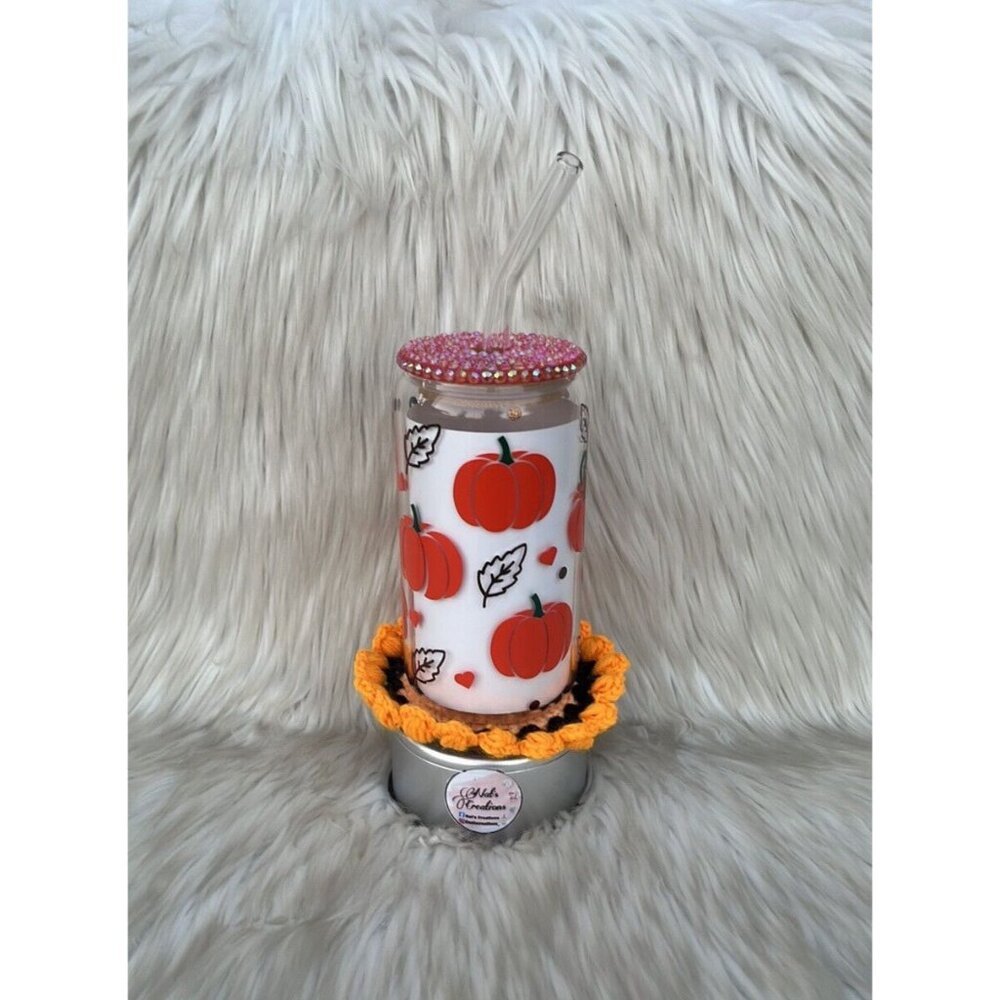 16oz Glass Libby Cup. Comes With Bamboo Lid And reusable Straw Pumpkin
